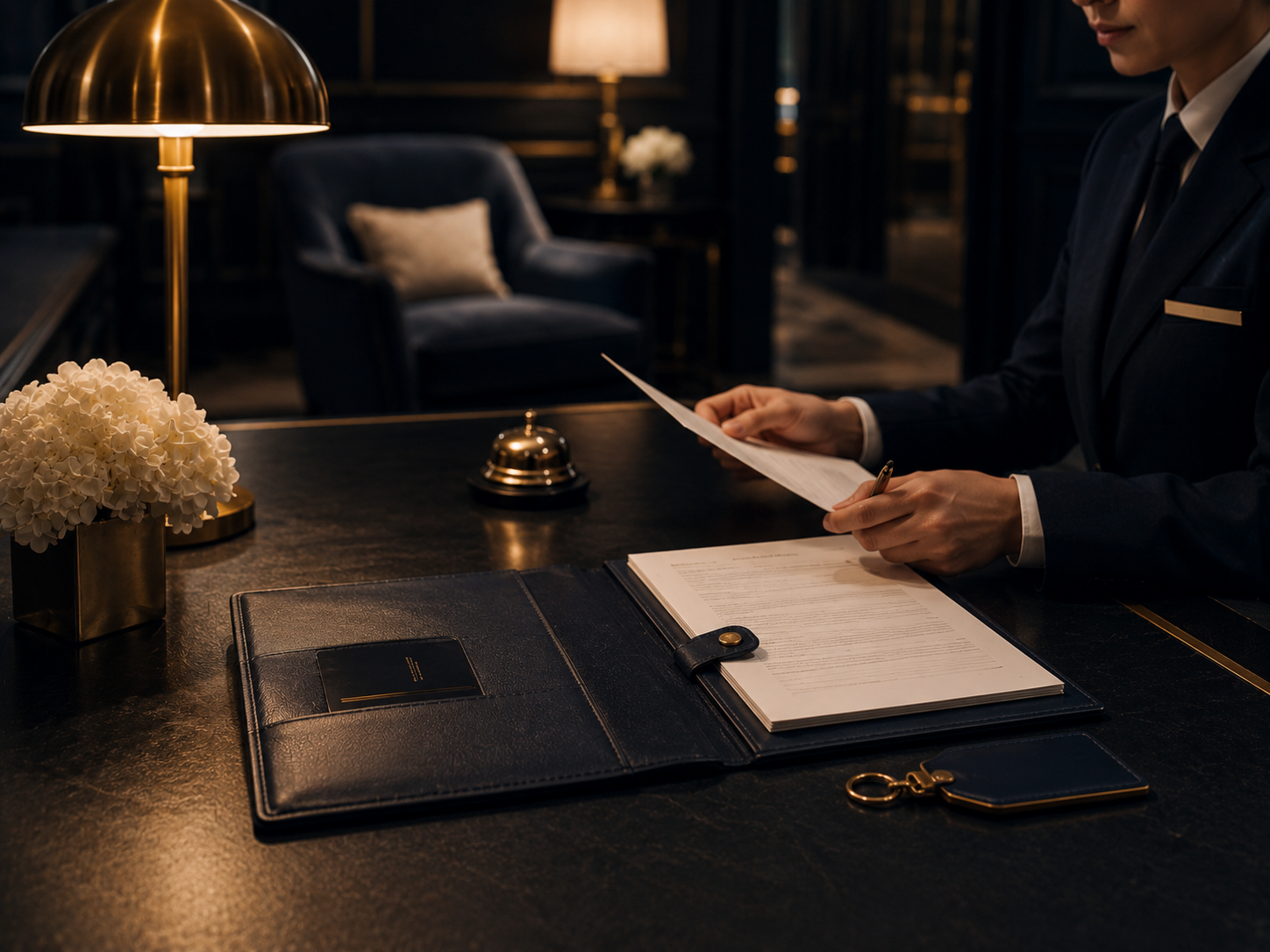 Premium concierge desk with documents in an elegant private client setting